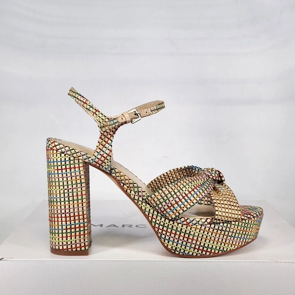 Marc Fisher Deren3 Sandals Women Size 6.5 Medium Natural Woven Platform Heels